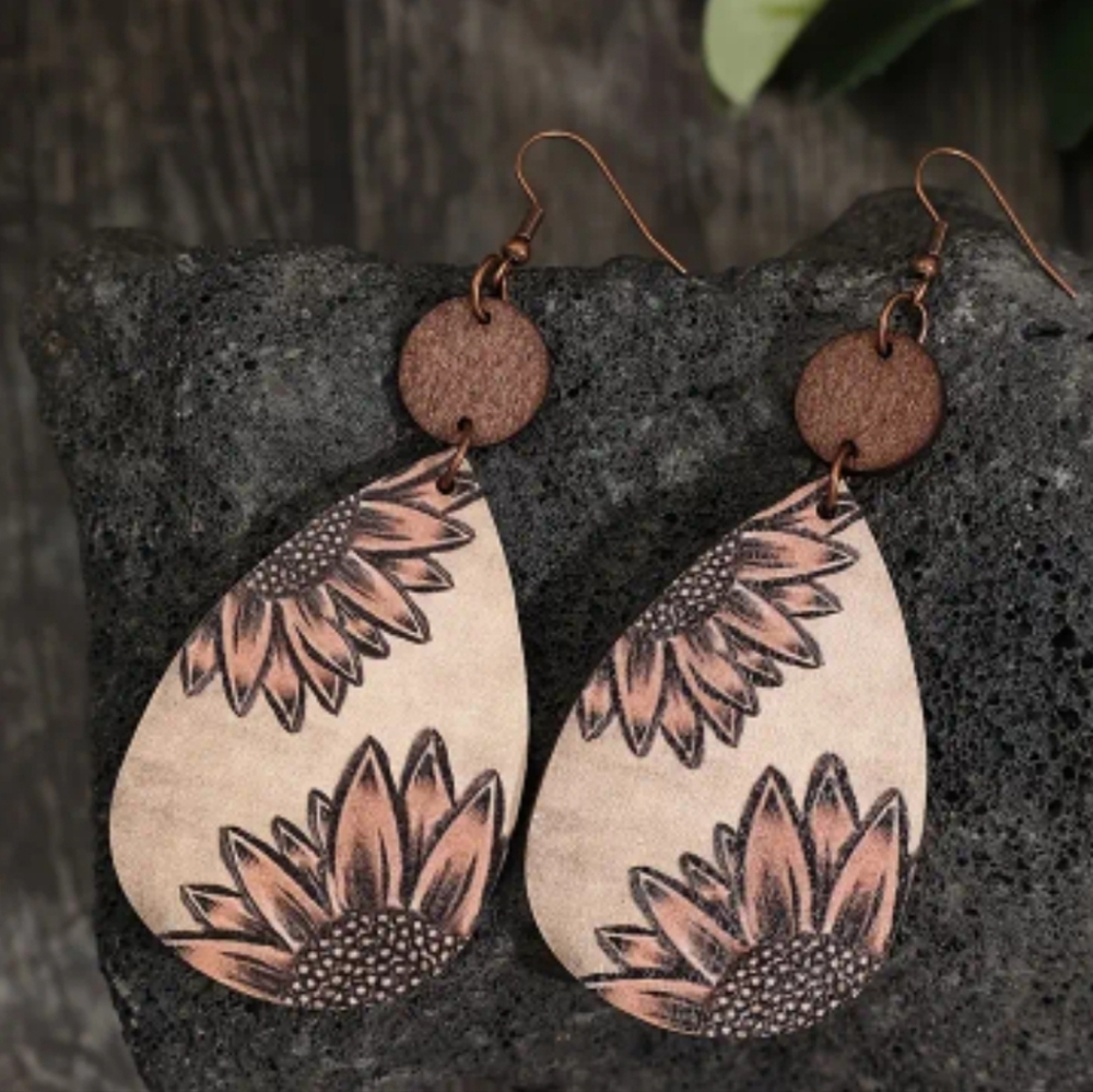 Bohemian Wooden Sunflower Droplet shaped earrings